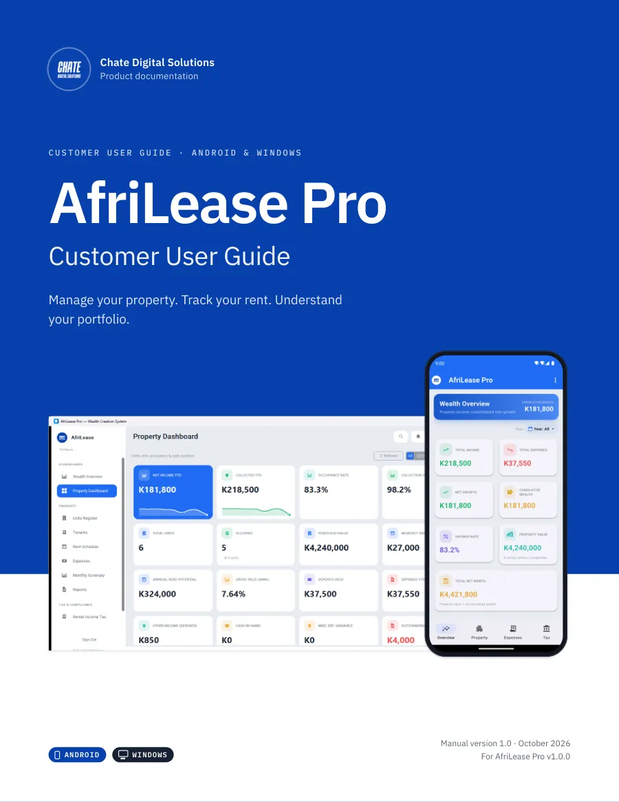 Cover of the AfriLease Pro Customer User Guide, manual version 1.0, October 2026